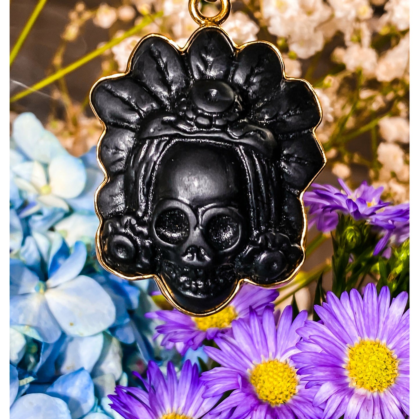 Obsidian Tribal Skull Mask Pendant